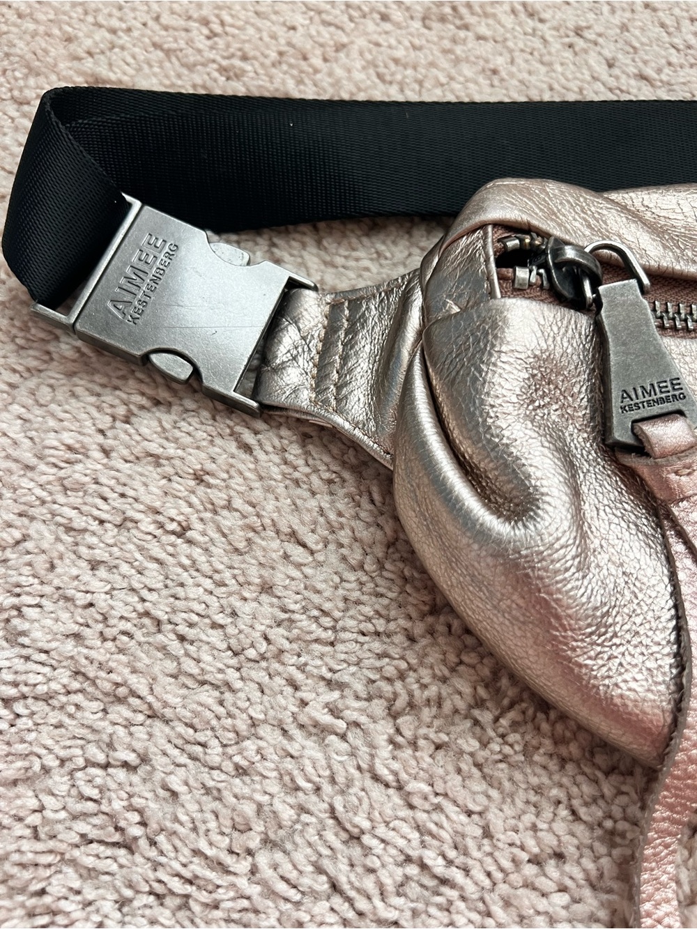 Aimee Kestenberg Metallic Pink-Tone Leather Belt Bag with Black Strap